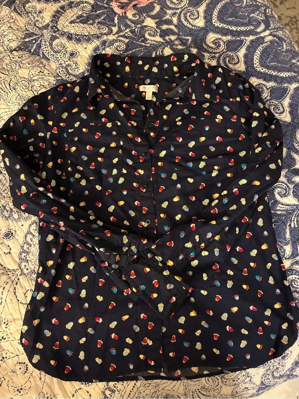 Women's Navy Button-Front Blouse with Multicolor Acorn Print - Petite